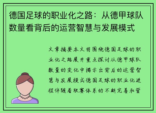 德国足球的职业化之路：从德甲球队数量看背后的运营智慧与发展模式