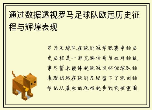 通过数据透视罗马足球队欧冠历史征程与辉煌表现